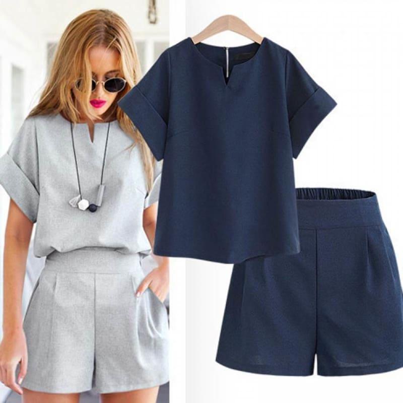 Summer Plus Size Women Clothes Solid Short Sleeve Top Slit Skirt Two Piece  Fashion Set