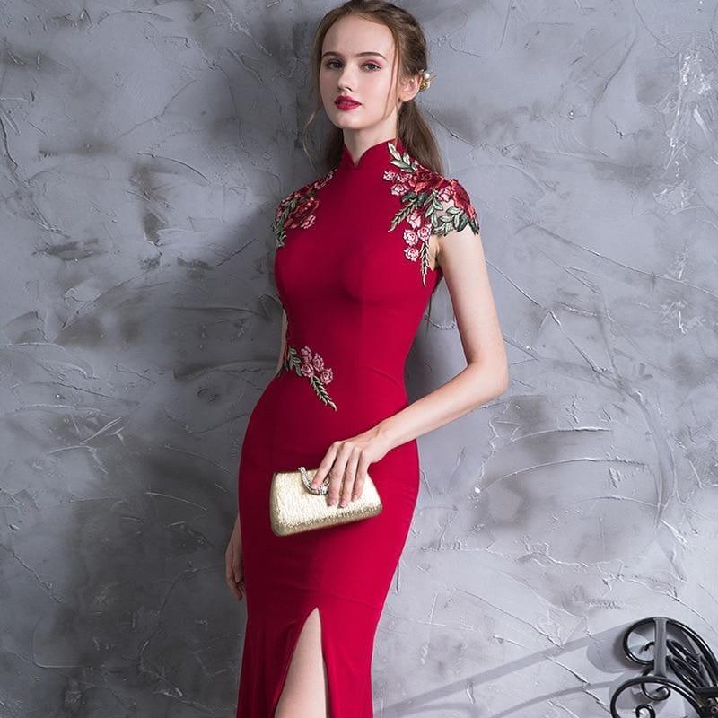 TeresaCollections - Embroidery Modern Cheongsam Red Sexy Qipao