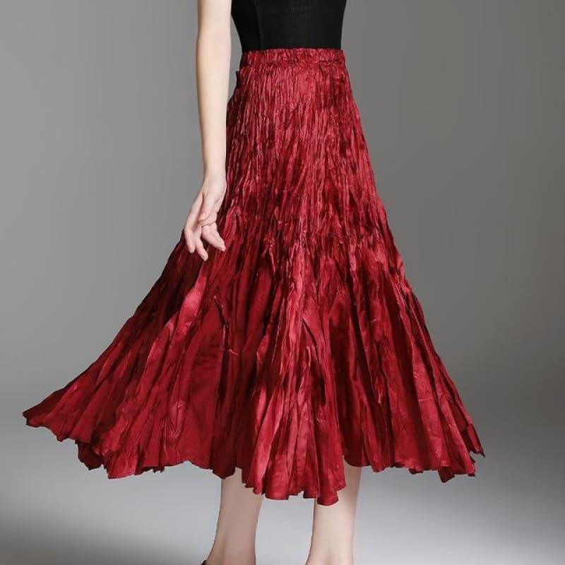 Empire Waist Pleated Elastic Skirt - wine red / One Size - skirt