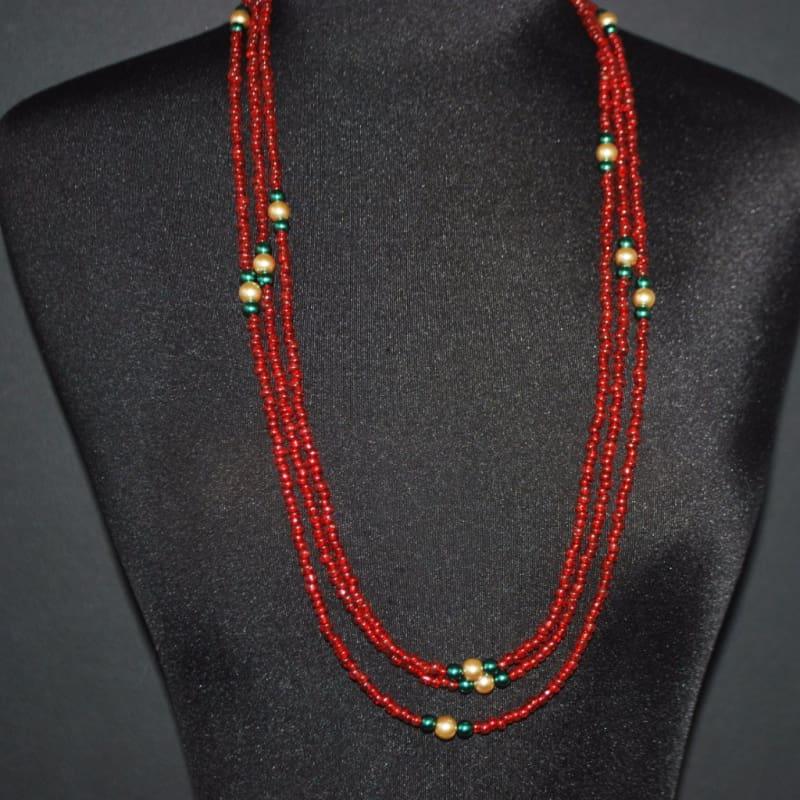 Long Three Strands Red With Green Ascent Necklace - Handmade