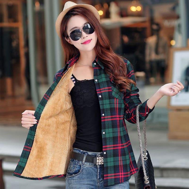 TeresaCollections Plaid Shirt Velvet Thick Jacket Style Coat