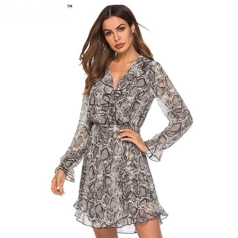 Snake Skin Print A-line Ruffle  V Neck Mini Dress - TeresaCollections