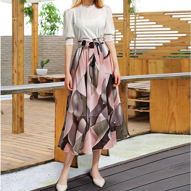 Floral A-Line Mid-calf Summer Chiffon Skirts - TeresaCollections